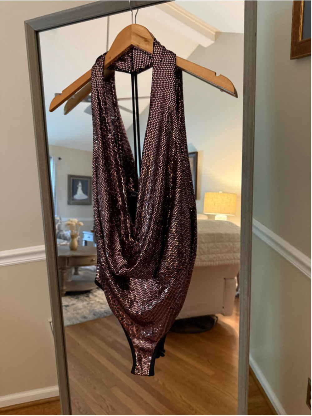 Women's Fashion Nova Sequin Bodysuit Bronze Black Size L